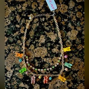 Betsey Johnson Gold Tone Rainbow Gummy Bear Necklace Sparkly Crystals NEW W TAG